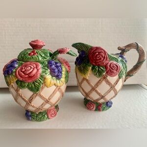 Fitz and Floyd Rose Garland Sugar Bowl with Spoon and Creamer Hand painted